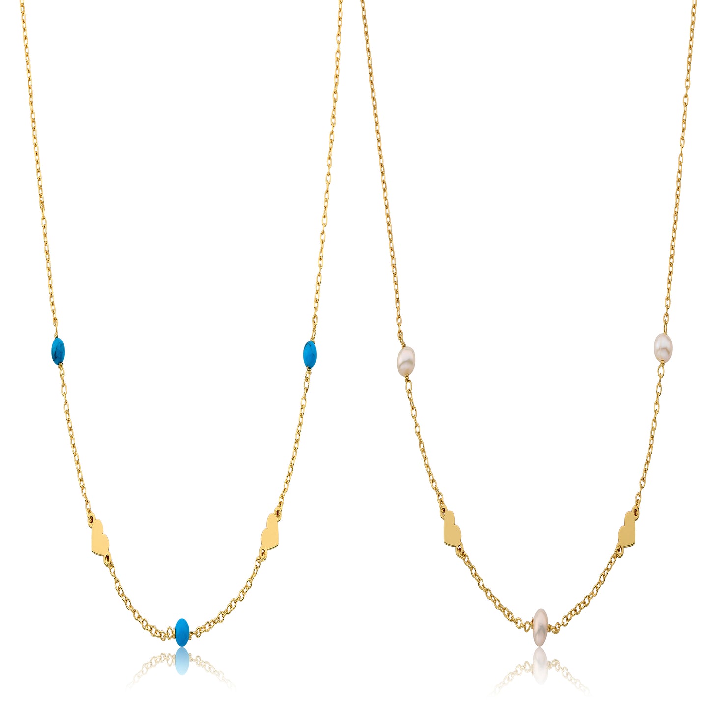 14K Gold Plated Fresh Water Pearl/ Turquoise Heart Station Necklace Set