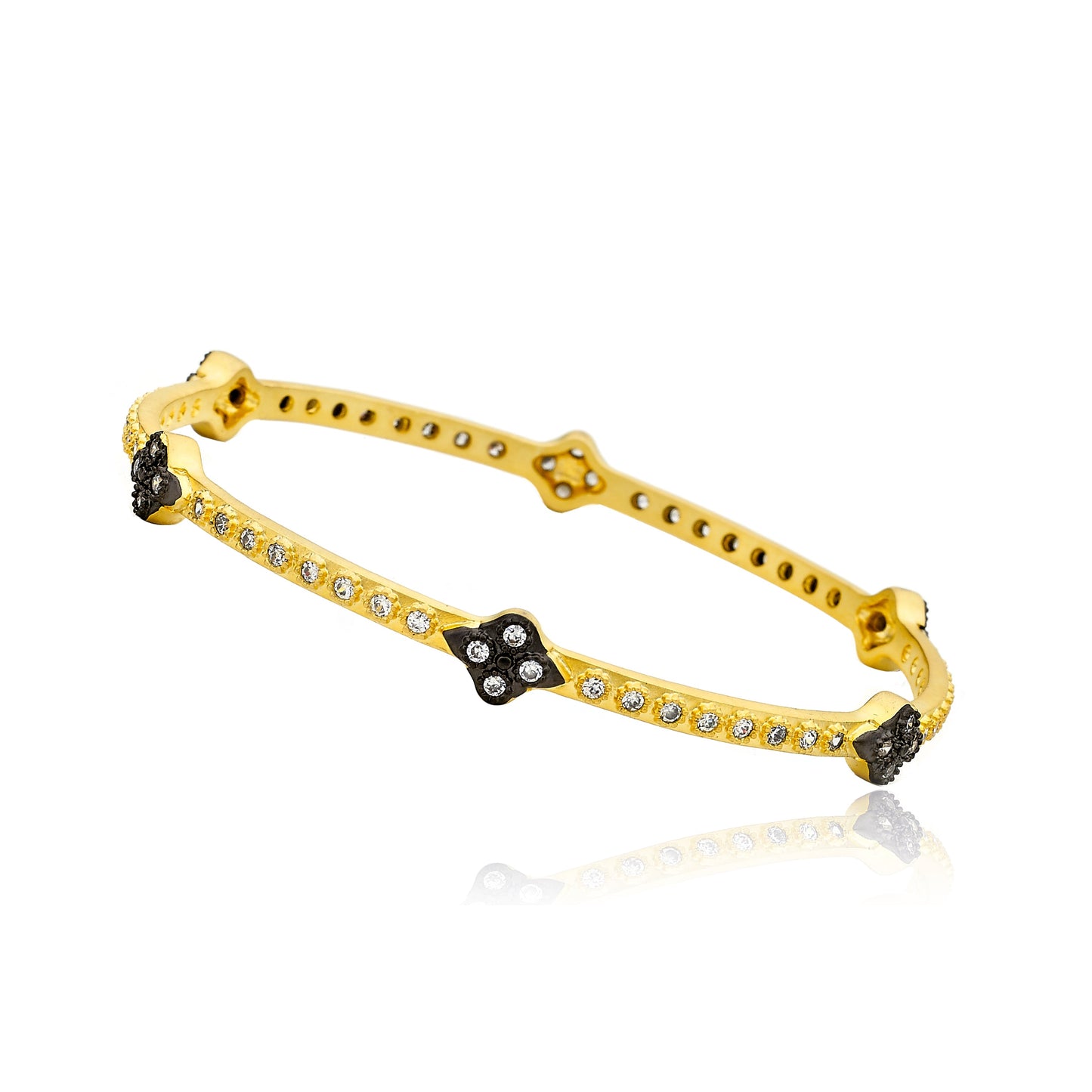 Cosmopolitan 14K Gold Plated Bangle With Cubic Zirconia's Accented With Black Rhodium Flowers Wholesale