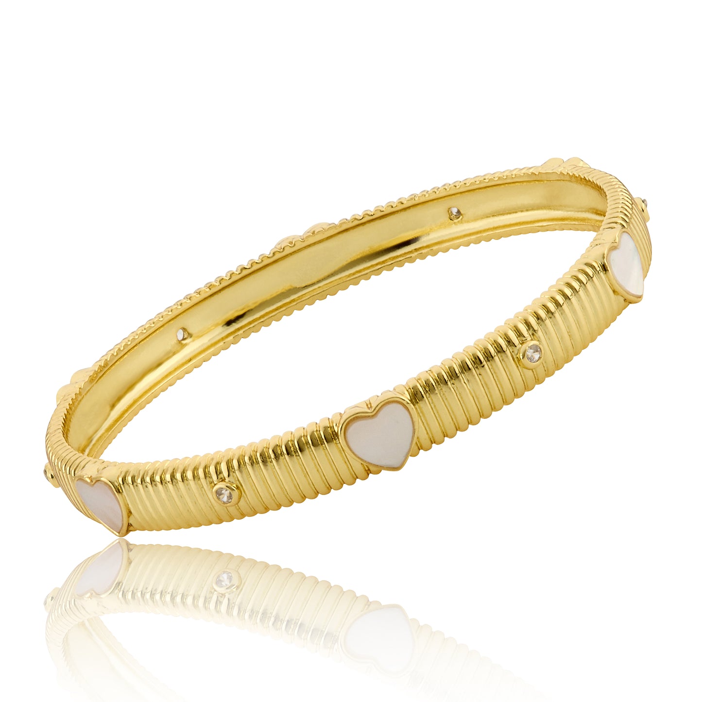 Ribbed Bangle With Cz & Mother Of Pearl Hearts