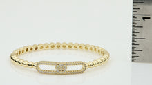 14K Gold Plated Oval Bead Clasped Bangle Accented With Cz Flower Bar Center