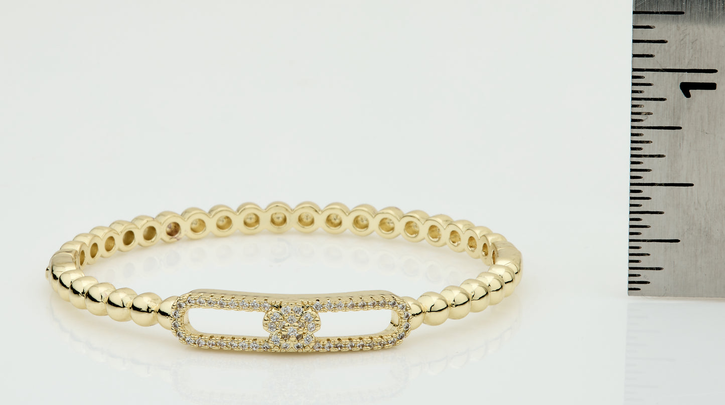 14K Gold Plated Oval Bead Clasped Bangle Accented With Cz Flower Bar Center Wholesale