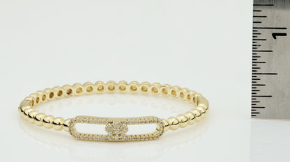 14K Gold Plated Oval Bead Clasped Bangle Accented With Cz Flower Bar Center Wholesale