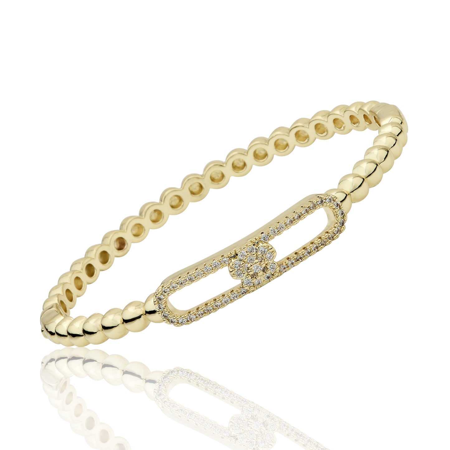 14K Gold Plated Oval Bead Clasped Bangle Accented With Cz Flower Bar Center