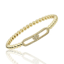 14K Gold Plated Oval Bead Clasped Bangle Accented With Cz Flower Bar Center