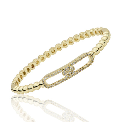 14K Gold Plated Oval Bead Clasped Bangle Accented With Cz Flower Bar Center