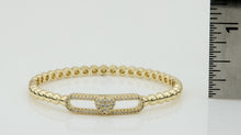14K Gold Plated Oval Bead Clasped Bangle Accented With Cz Heart Bar Center
