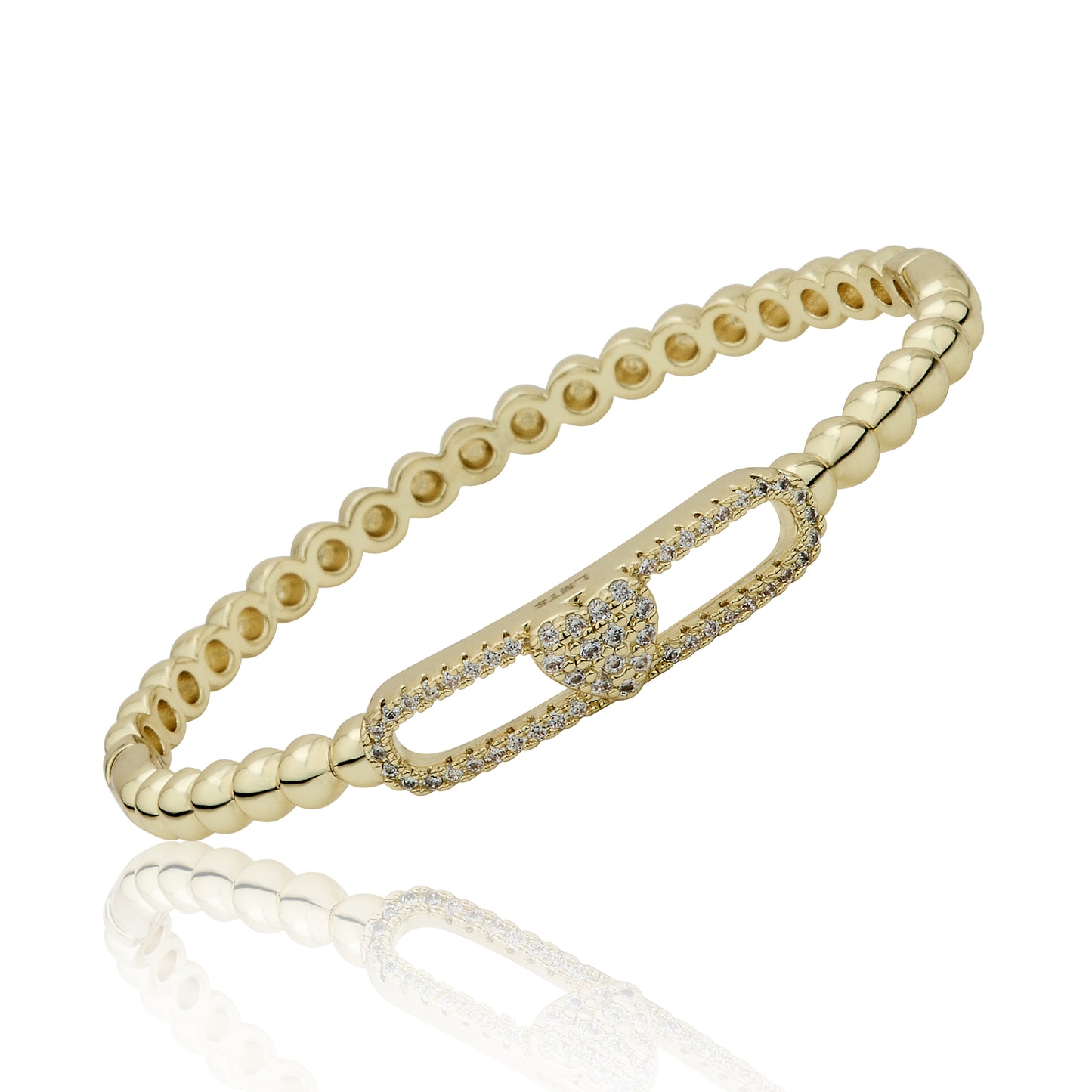 14K Gold Plated Oval Bead Clasped Bangle Accented With Cz Heart Bar Center Wholesale