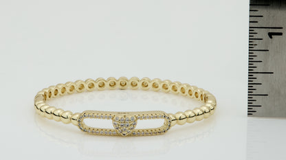 14K Gold Plated Oval Bead Clasped Bangle Accented With Cz Heart Bar Center Wholesale