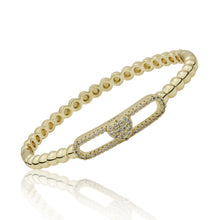 14K Gold Plated Oval Bead Clasped Bangle Accented With Cz Heart Bar Center