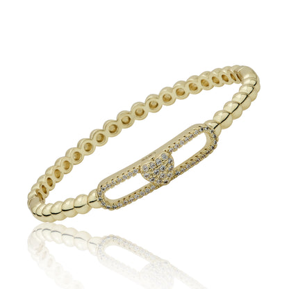 14K Gold Plated Oval Bead Clasped Bangle Accented With Cz Heart Bar Center