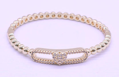 14K Gold Plated Oval Bead Clasped Bangle Accented With Cz Heart Bar Center
