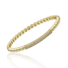 14K Gold Plated Oval Bead Clasped Bangle Accented With Cz Bar Center