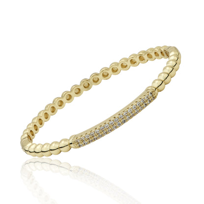 14K Gold Plated Oval Bead Clasped Bangle Accented With Cz Bar Center