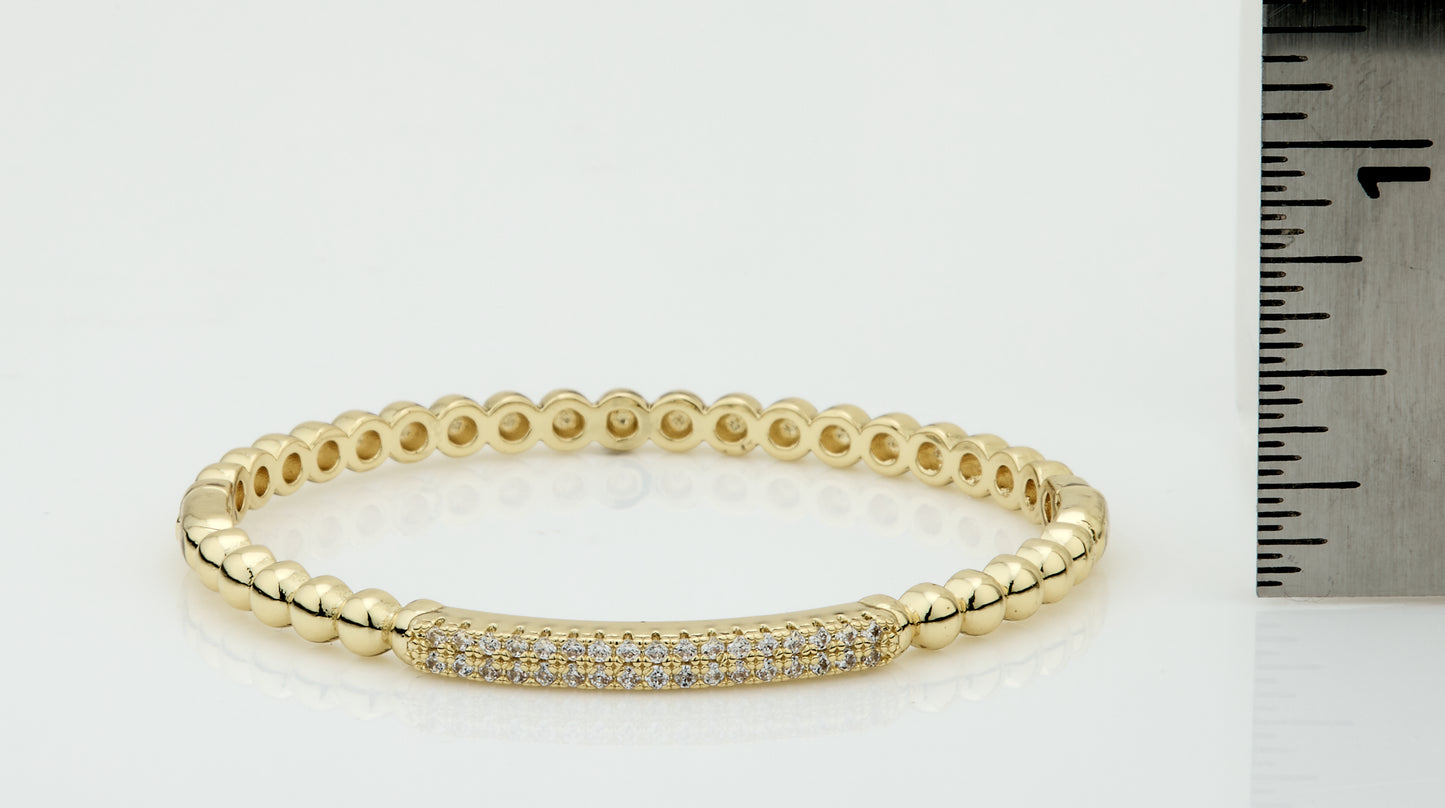 14K Gold Plated Oval Bead Clasped Bangle Accented With Cz Bar Center Wholesale