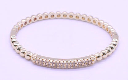 14K Gold Plated Oval Bead Clasped Bangle Accented With Cz Bar Center