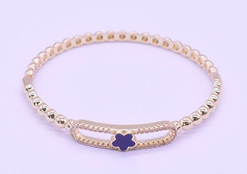 14K Gold Plated Oval Bead Clasped Bangle Accented With Cz & Mother Of Pearl Flower Bar Center Wholesale