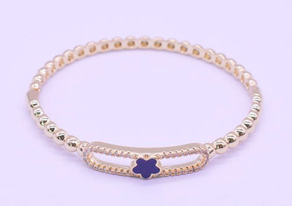 14K Gold Plated Oval Bead Clasped Bangle Accented With Cz & Mother Of Pearl Flower Bar Center Wholesale