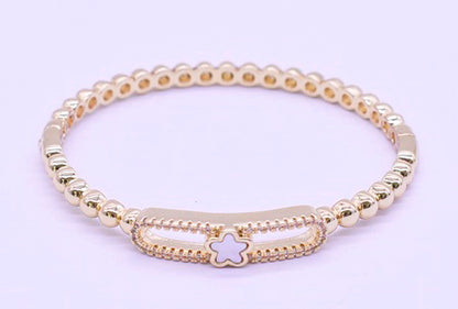 14K Gold Plated Oval Bead Clasped Bangle Accented With Cz & Mother Of Pearl Flower Bar Center Wholesale