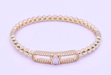 14K Gold Plated Oval Bead Clasped Bangle Accented With Cz & Mother Of Pearl Flower Bar Center