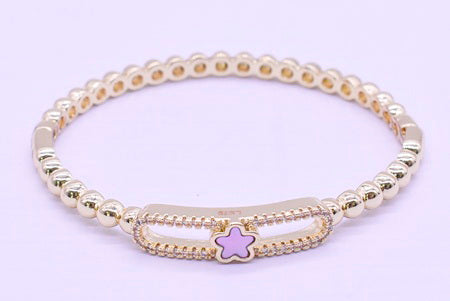 14K Gold Plated Oval Bead Clasped Bangle Accented With Cz & Mother Of Pearl Flower Bar Center