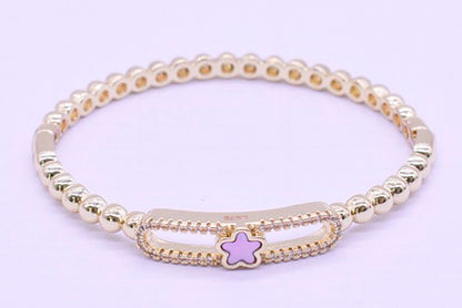 14K Gold Plated Oval Bead Clasped Bangle Accented With Cz & Mother Of Pearl Flower Bar Center