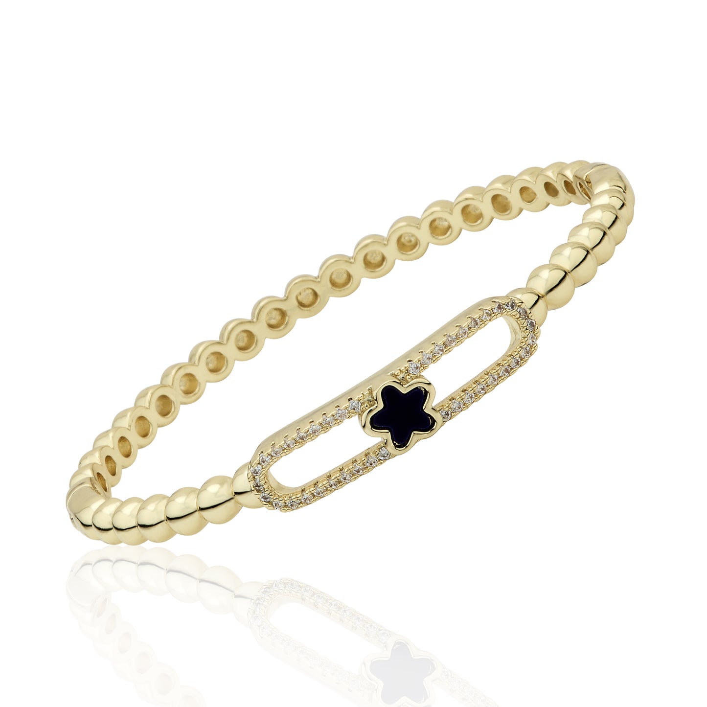 14K Gold Plated Oval Bead Clasped Bangle Accented With Cz & Mother Of Pearl Flower Bar Center Wholesale