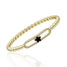 14K Gold Plated Oval Bead Clasped Bangle Accented With Cz & Mother Of Pearl Flower Bar Center