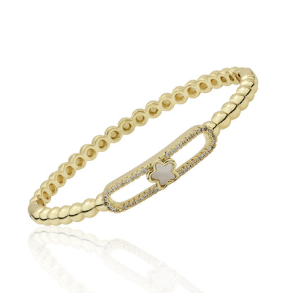 14K Gold Plated Oval Bead Clasped Bangle Accented With Cz & Mother Of Pearl Flower Bar Center