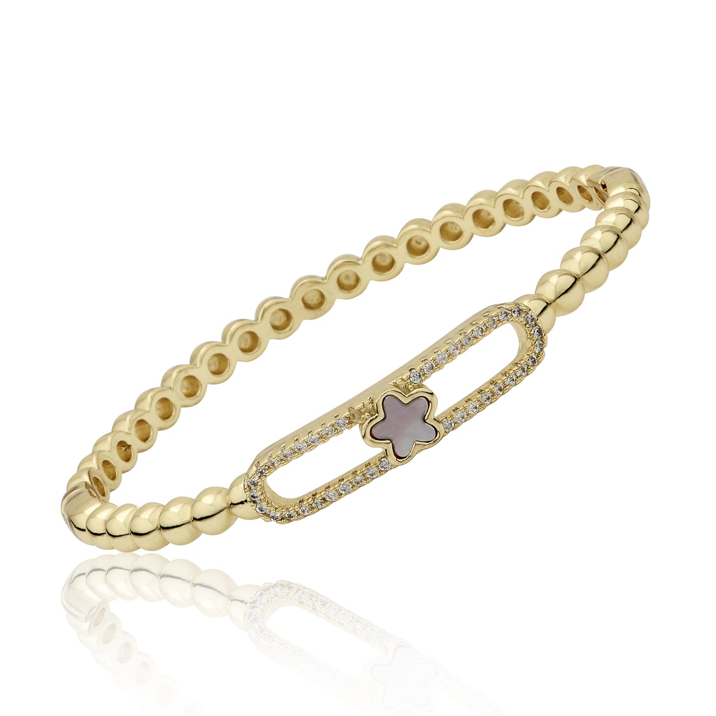 14K Gold Plated Oval Bead Clasped Bangle Accented With Cz & Mother Of Pearl Flower Bar Center