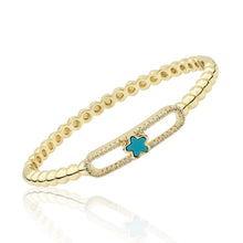 14K Gold Plated Oval Bead Clasped Bangle Accented With Cz & Mother Of Pearl Flower Bar Center