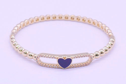 14K Gold Plated Oval Bead Clasped Bangle Accented With Cz & Mother Of Pearl Heart Bar Center Wholesale
