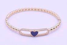 14K Gold Plated Oval Bead Clasped Bangle Accented With Cz & Mother Of Pearl Heart Bar Center Wholesale