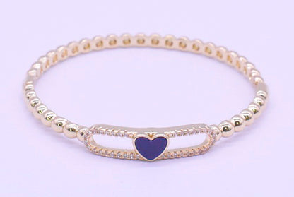 14K Gold Plated Oval Bead Clasped Bangle Accented With Cz & Mother Of Pearl Heart Bar Center Wholesale
