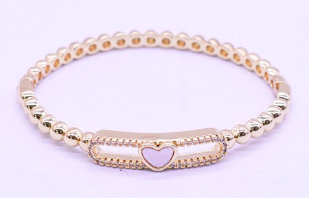 14K Gold Plated Oval Bead Clasped Bangle Accented With Cz & Mother Of Pearl Heart Bar Center Wholesale