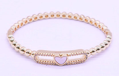 14K Gold Plated Oval Bead Clasped Bangle Accented With Cz & Mother Of Pearl Heart Bar Center Wholesale