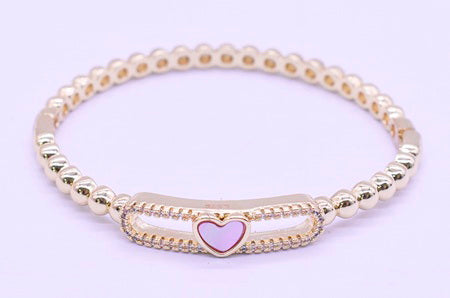 14K Gold Plated Oval Bead Clasped Bangle Accented With Cz & Mother Of Pearl Heart Bar Center Wholesale
