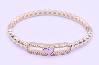 14K Gold Plated Oval Bead Clasped Bangle Accented With Cz & Mother Of Pearl Heart Bar Center Wholesale