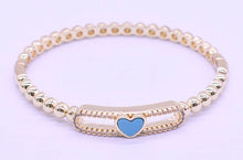 14K Gold Plated Oval Bead Clasped Bangle Accented With Cz & Mother Of Pearl Heart Bar Center
