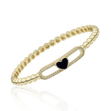 14K Gold Plated Oval Bead Clasped Bangle Accented With Cz & Mother Of Pearl Heart Bar Center