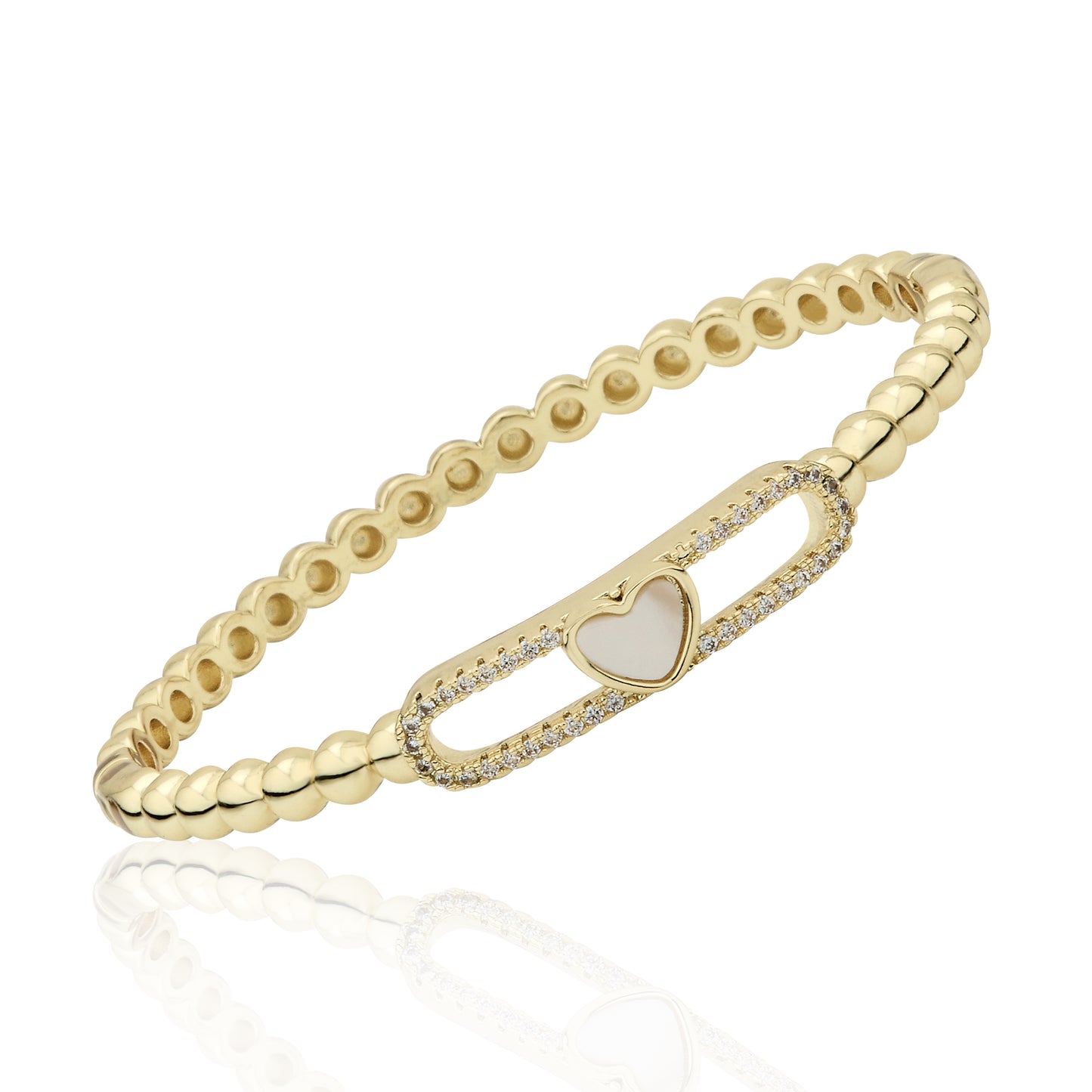 14K Gold Plated Oval Bead Clasped Bangle Accented With Cz & Mother Of Pearl Heart Bar Center