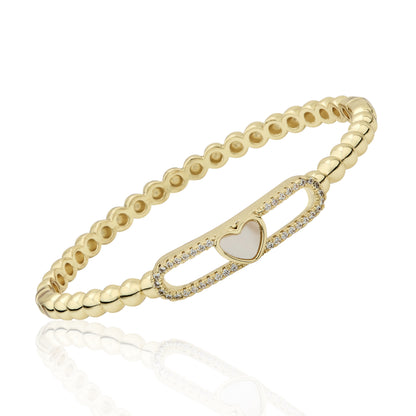 14K Gold Plated Oval Bead Clasped Bangle Accented With Cz & Mother Of Pearl Heart Bar Center