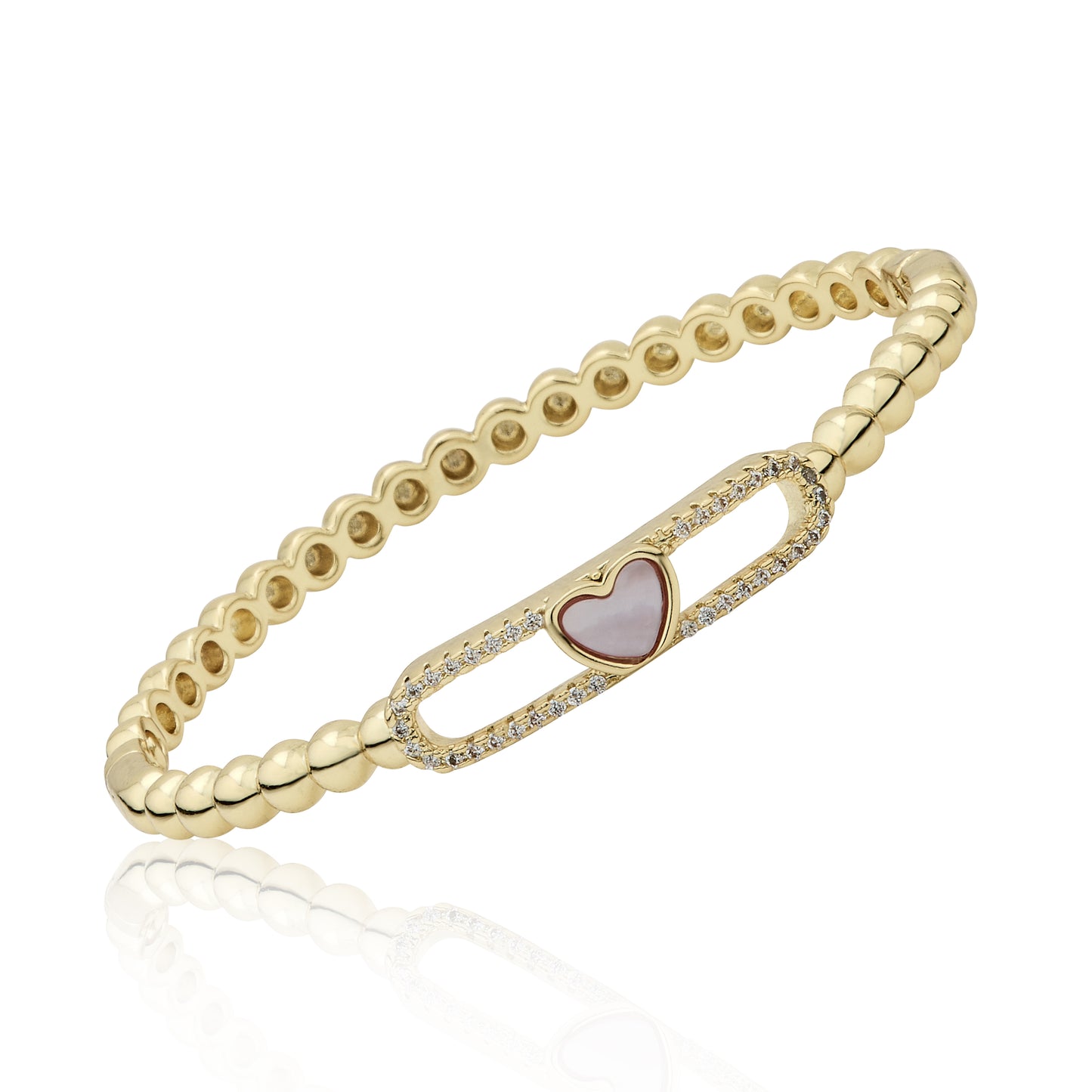 14K Gold Plated Oval Bead Clasped Bangle Accented With Cz & Mother Of Pearl Heart Bar Center