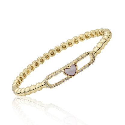 14K Gold Plated Oval Bead Clasped Bangle Accented With Cz & Mother Of Pearl Heart Bar Center