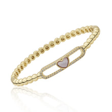 14K Gold Plated Oval Bead Clasped Bangle Accented With Cz & Mother Of Pearl Heart Bar Center Wholesale