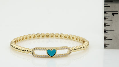 14K Gold Plated Oval Bead Clasped Bangle Accented With Cz & Mother Of Pearl Heart Bar Center