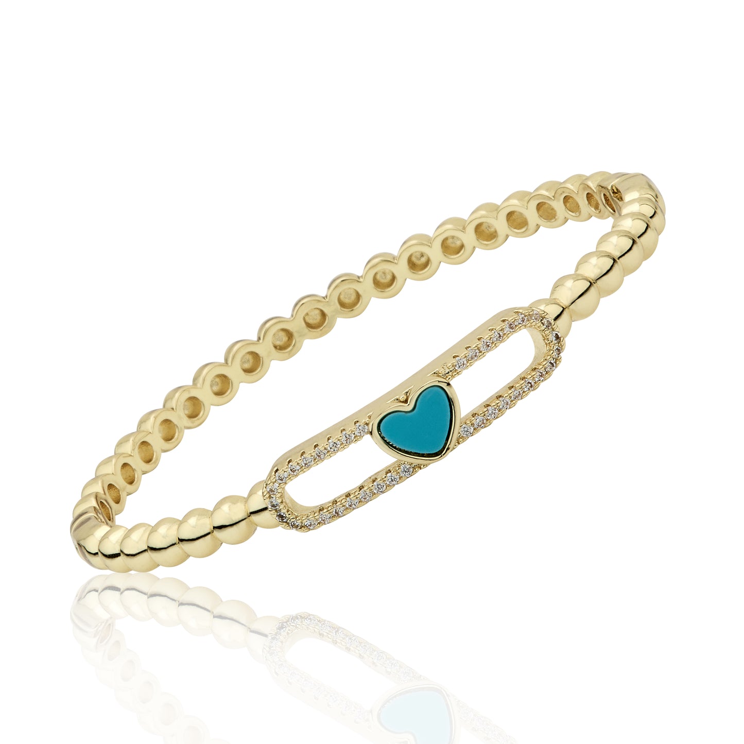 14K Gold Plated Oval Bead Clasped Bangle Accented With Cz & Mother Of Pearl Heart Bar Center