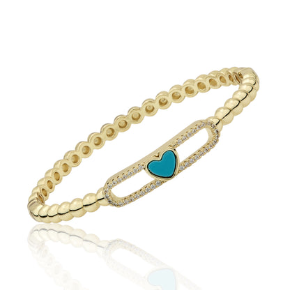 14K Gold Plated Oval Bead Clasped Bangle Accented With Cz & Mother Of Pearl Heart Bar Center