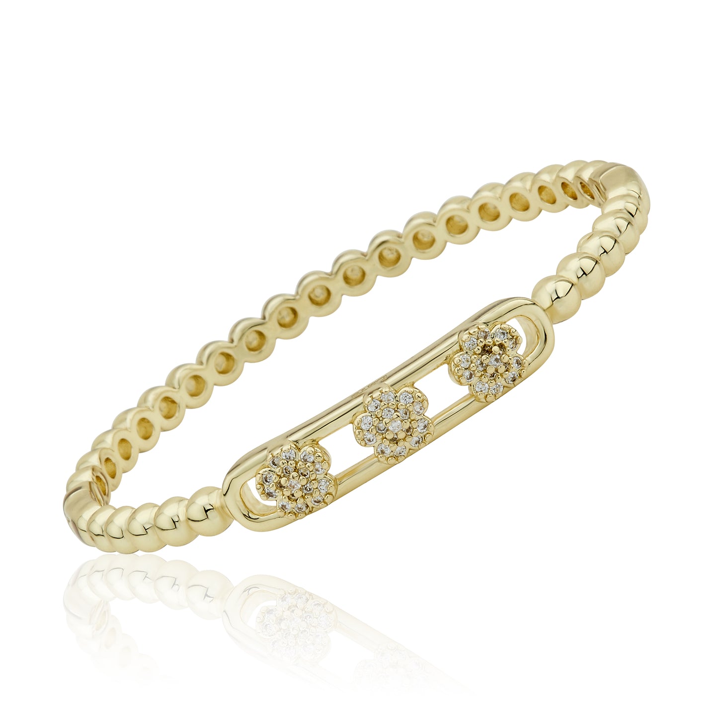 LMTS Classic! 14K Gold Plated Oval Bead Clasped Bangle Accented With 3 Cz Flowers Bar Center Wholesale