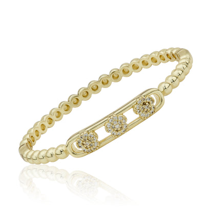 LMTS Classic! 14K Gold Plated Oval Bead Clasped Bangle Accented With 3 Cz Flowers Bar Center Wholesale