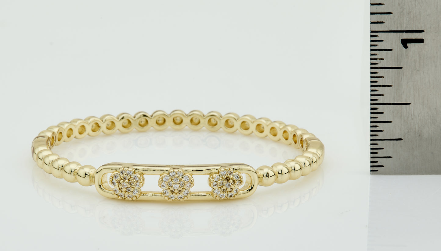 LMTS Classic! 14K Gold Plated Oval Bead Clasped Bangle Accented With 3 Cz Flowers Bar Center